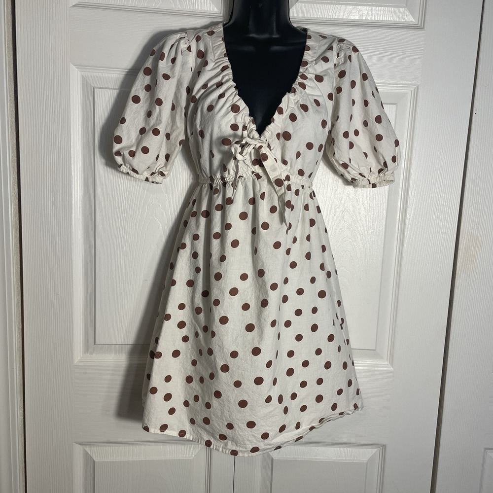 Sim Sam Babydoll  Dress Women XS Cream Brown Polka Dot Low Cut Short Sleeve Boho